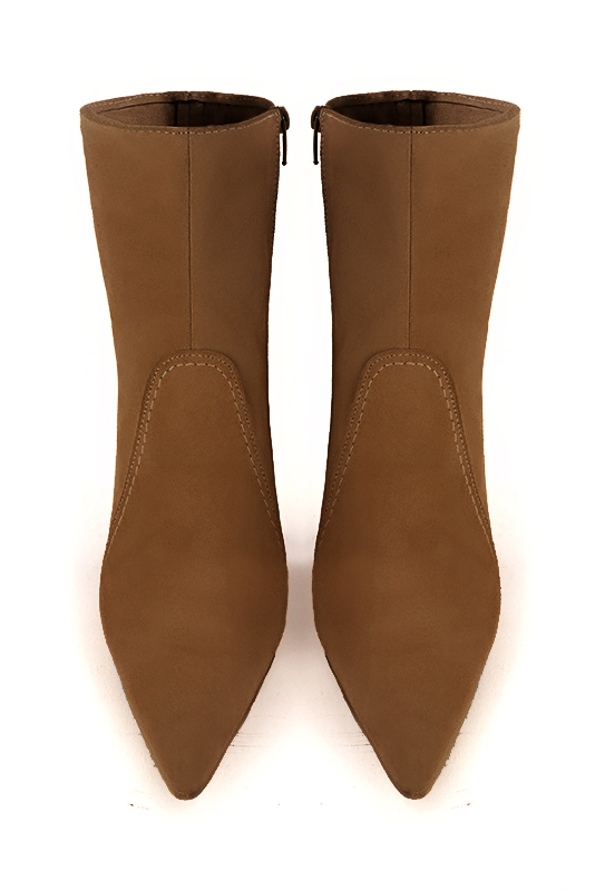 Caramel brown women's ankle boots with a zip on the inside. Pointed toe. High slim heel. Top view - Florence KOOIJMAN